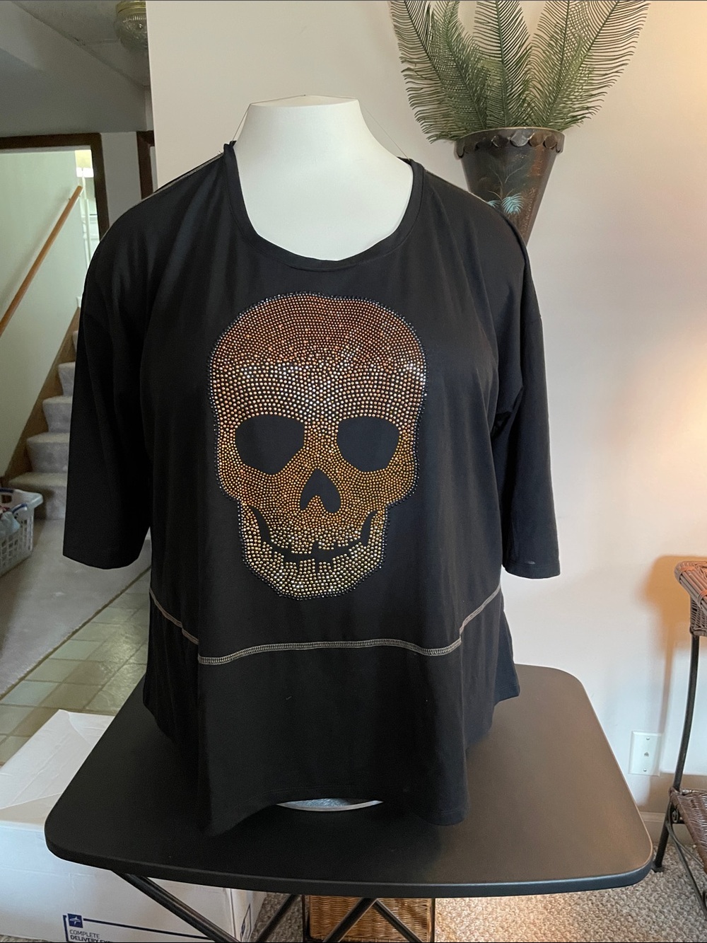 Unity World Wear Black Top with Gold Rhinestone Skull